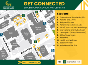 A map of the Fairfax campus showing the Get Connected Fair has tables at East Plaza, Wilkins Plaza, SUBI Quad, and Fenwick Lawn
