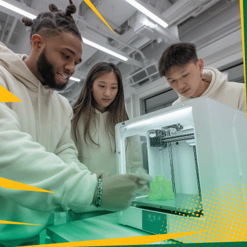 Students collaborating on 3D printing project in modern classroom 
